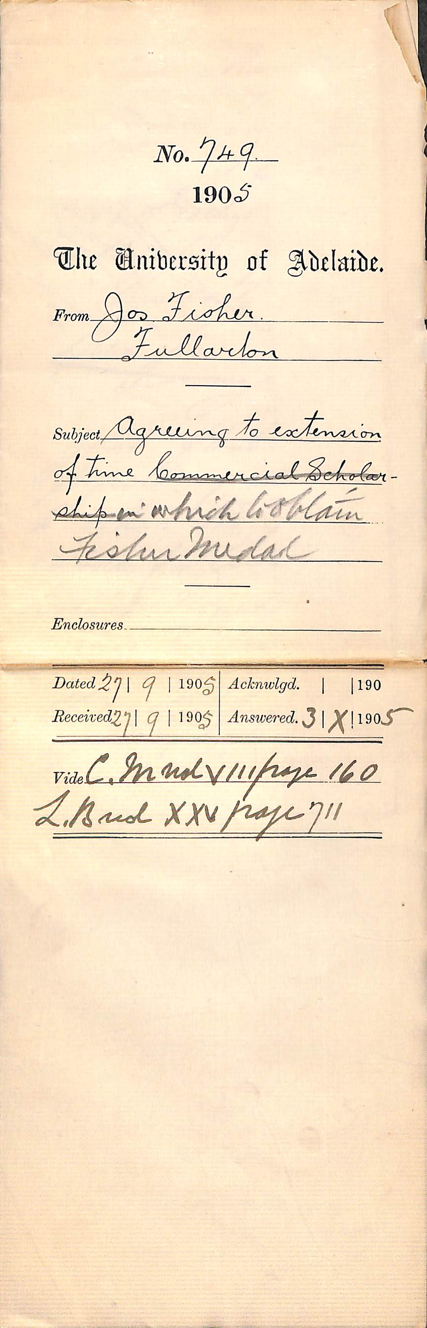 Agreeing to extention of time in which to obtain Fisher Medal