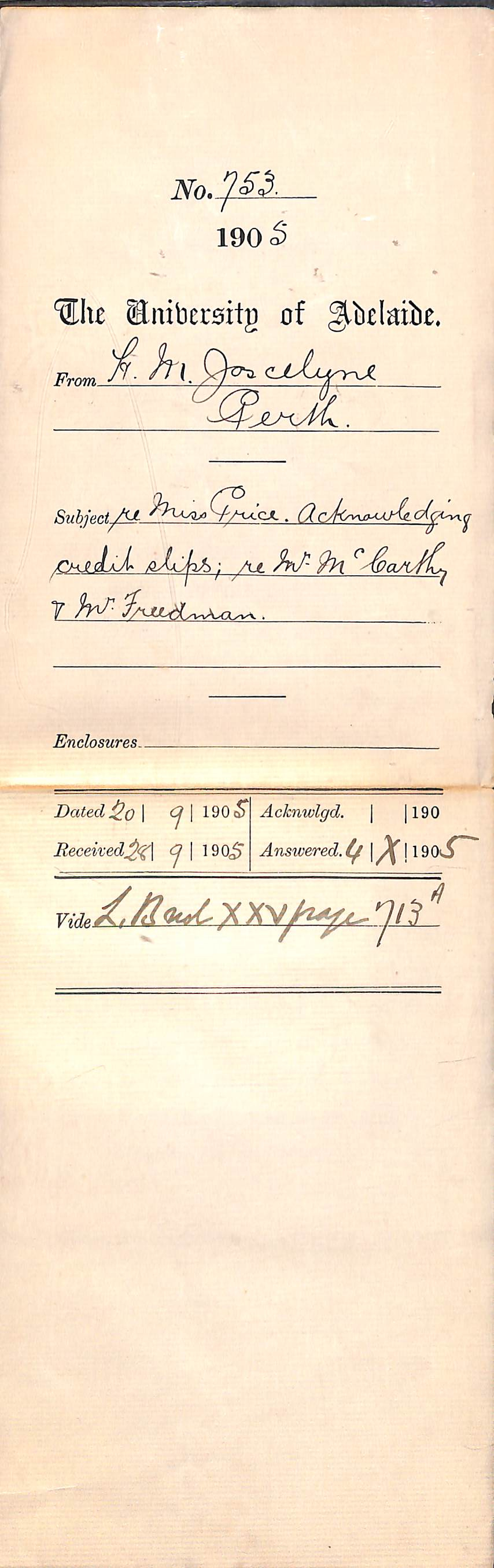 Miss Price Acknowledging credit slips re Mr McCarthy and Mr Freedman