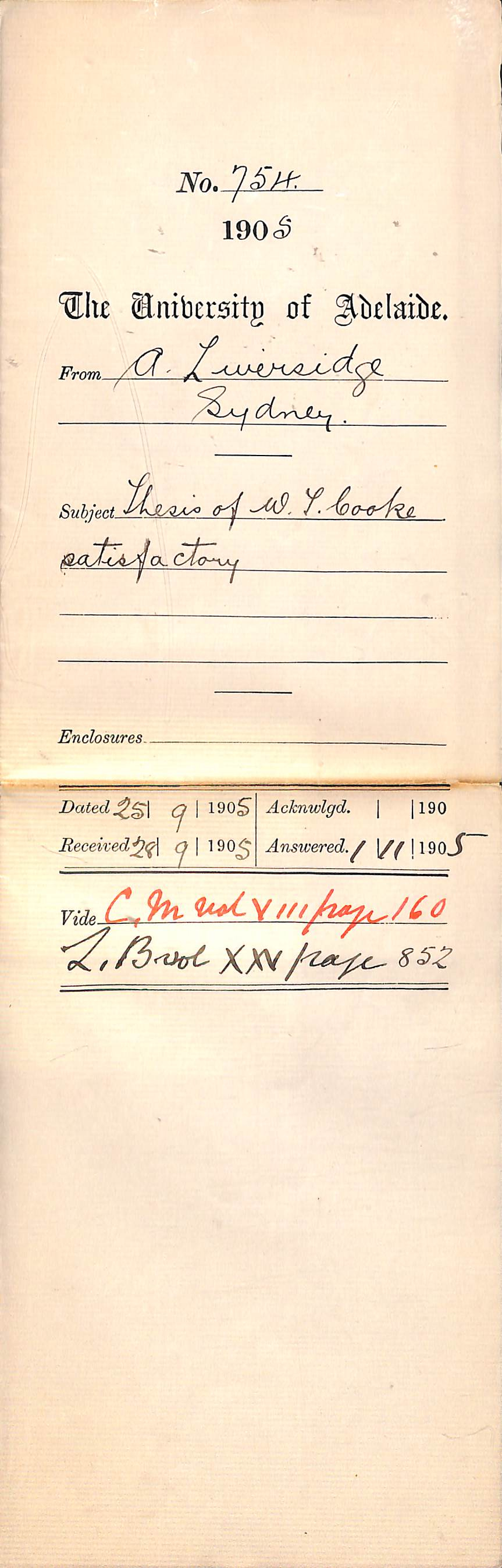 Thesis of W T Cooke satisfactory