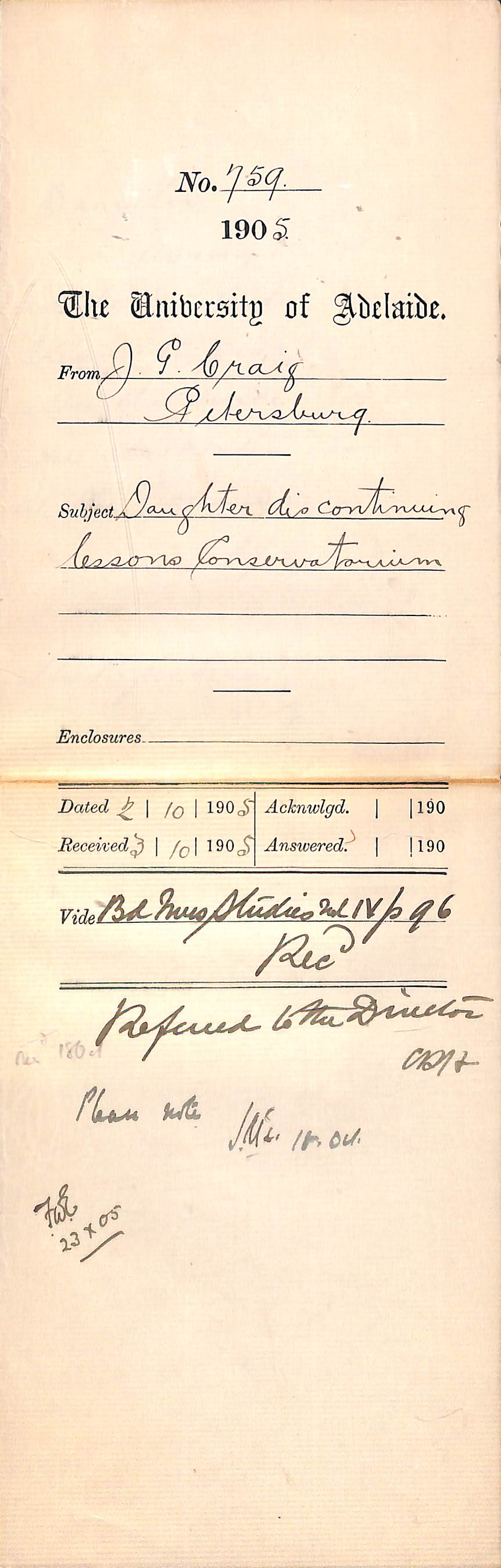 Daughter discontinuing lessons Conservatorium - Craig