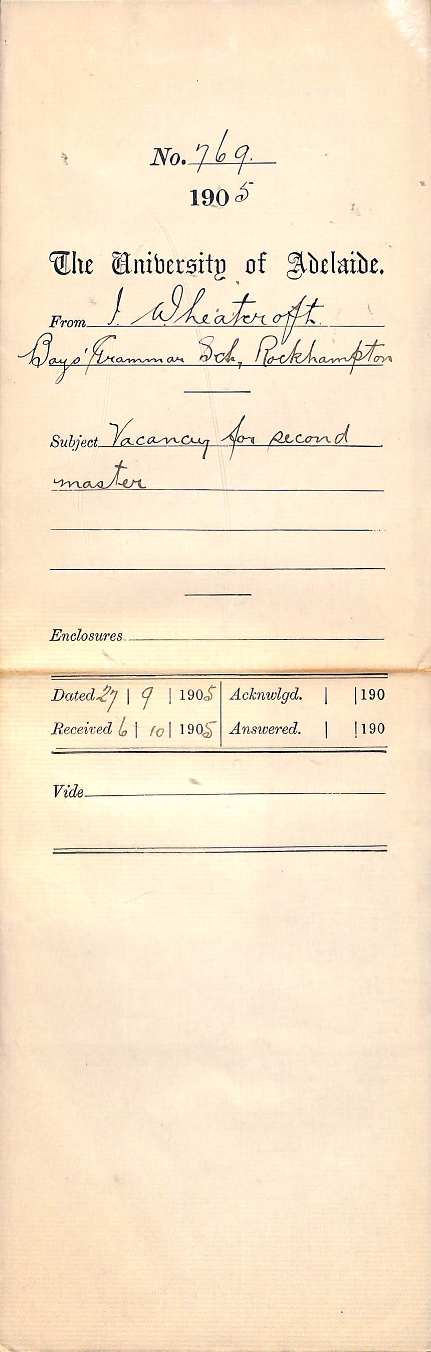 Vacancy for Second Master