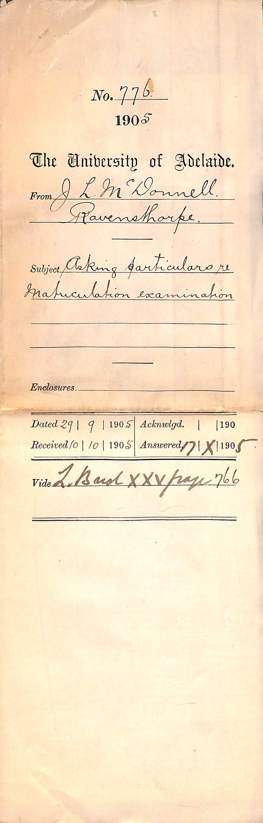 Asking particulars re Matriculation Examination