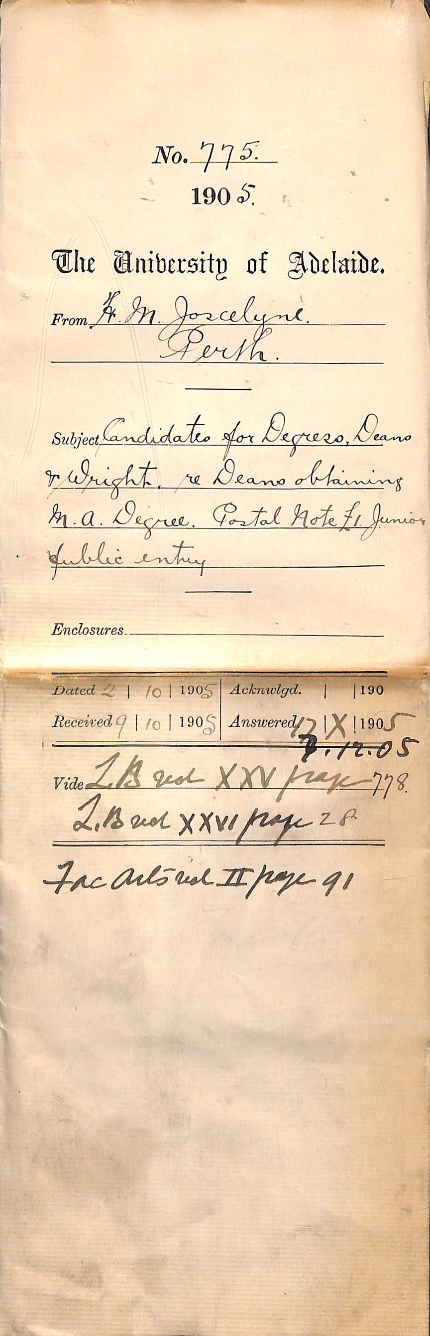 Candidates for Degrees Deans and Wright re Deans obtaining MA Degree Postal Note &pound;1 Junior Public Entry