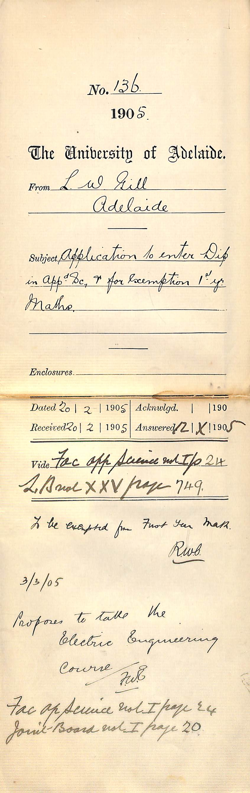 Application to enter the course of Applied Science - To be exempt from First Year Mathematics