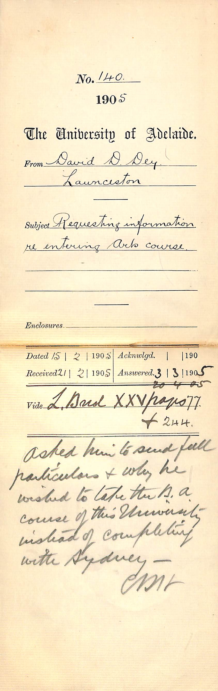 Requesting information re entering Arts course