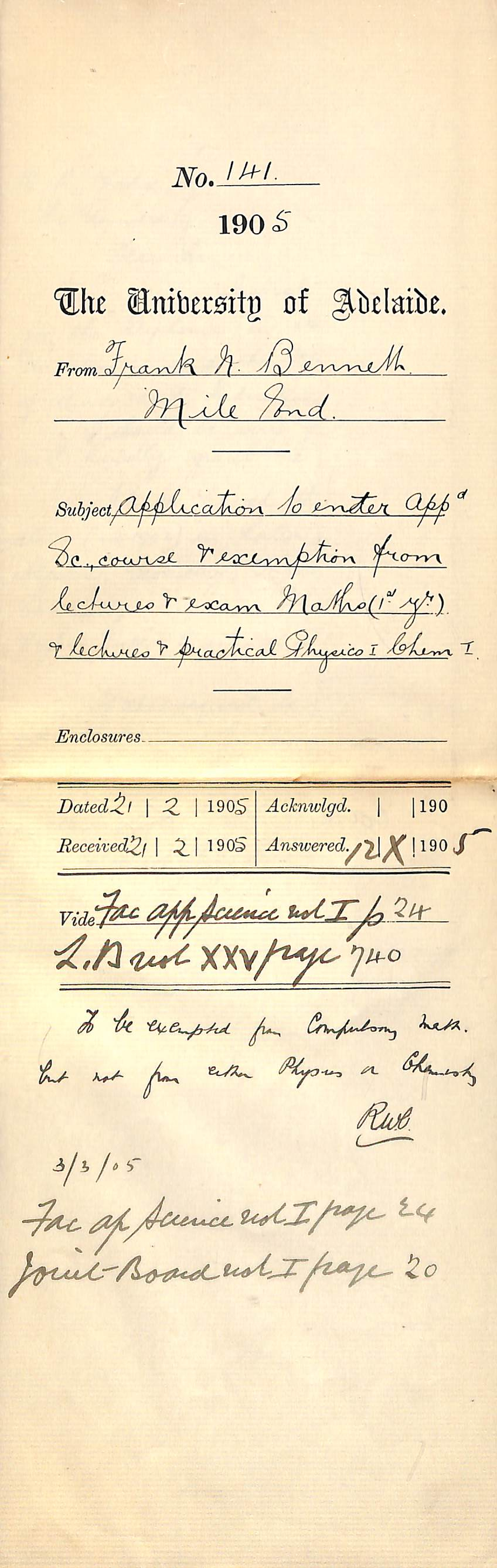 Application to enter Applied Science course - exemption from lectures etc