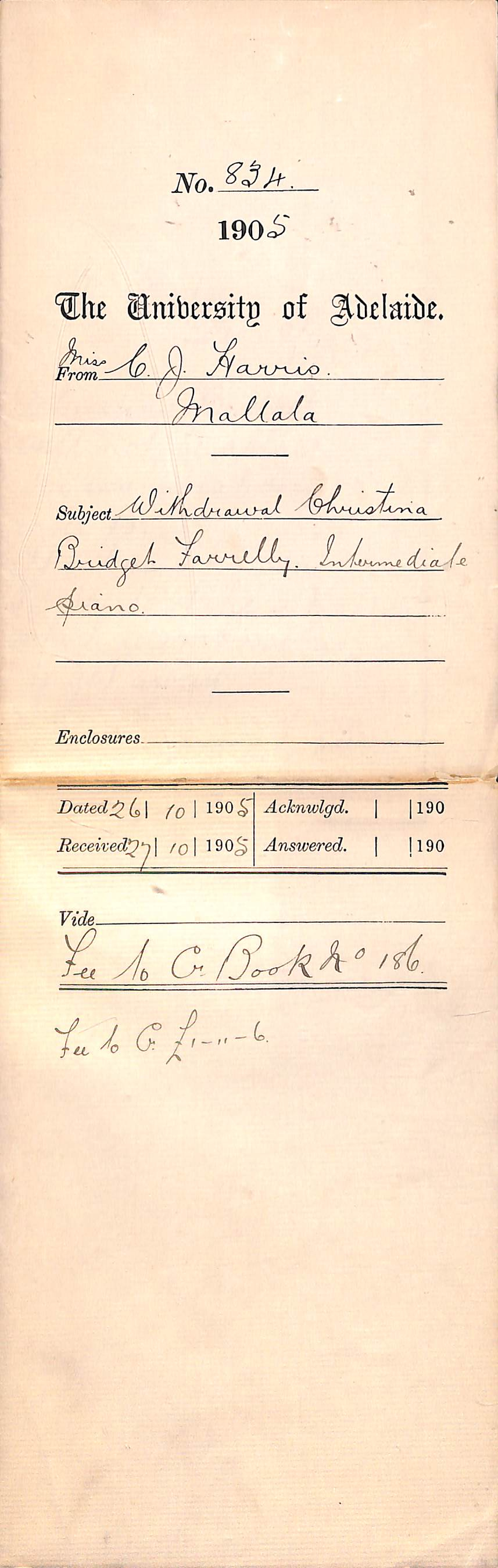 Withdrawal of C B Farrelly intermediate piano