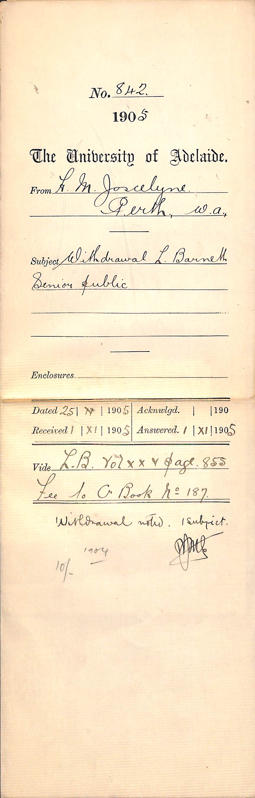 Withdrawal of L Barnett from Senior Public Exam