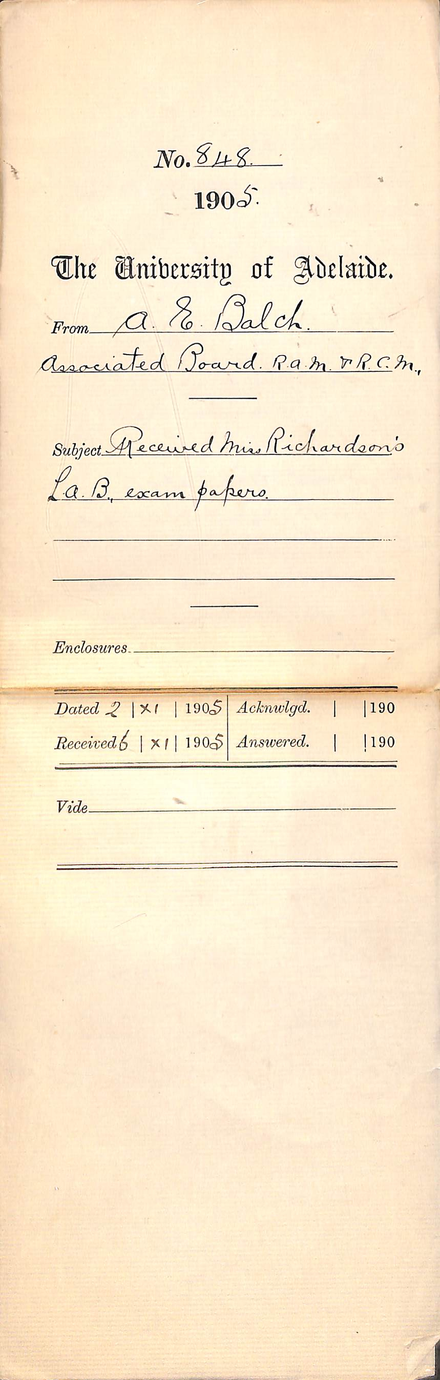 Received Miss Richardson's LAB exam papers