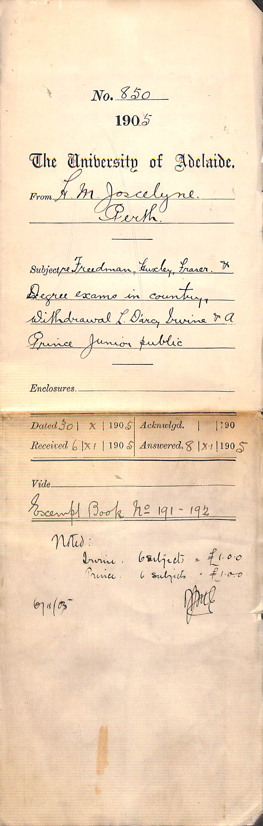 Regarding Freedman Huxley Fraser and degree exams in country and withdrawal of L Darcy Irvine and A Prince from Junior Public exams