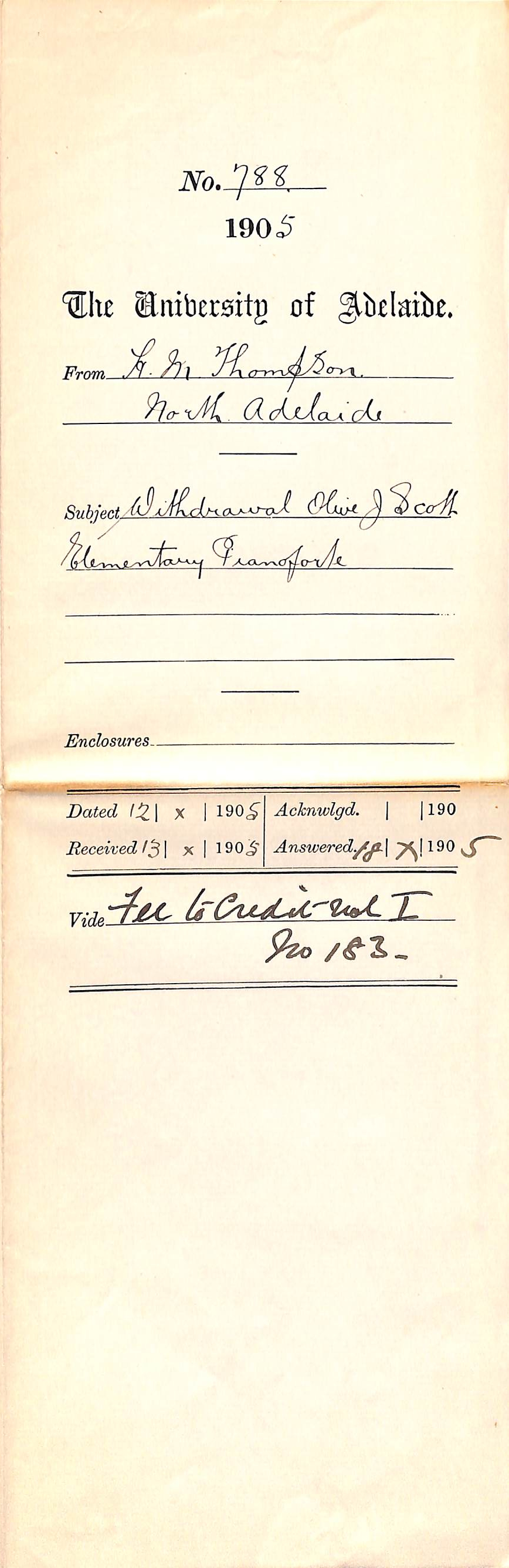 Withdrawal Olive J Scott Elementary Pianoforte