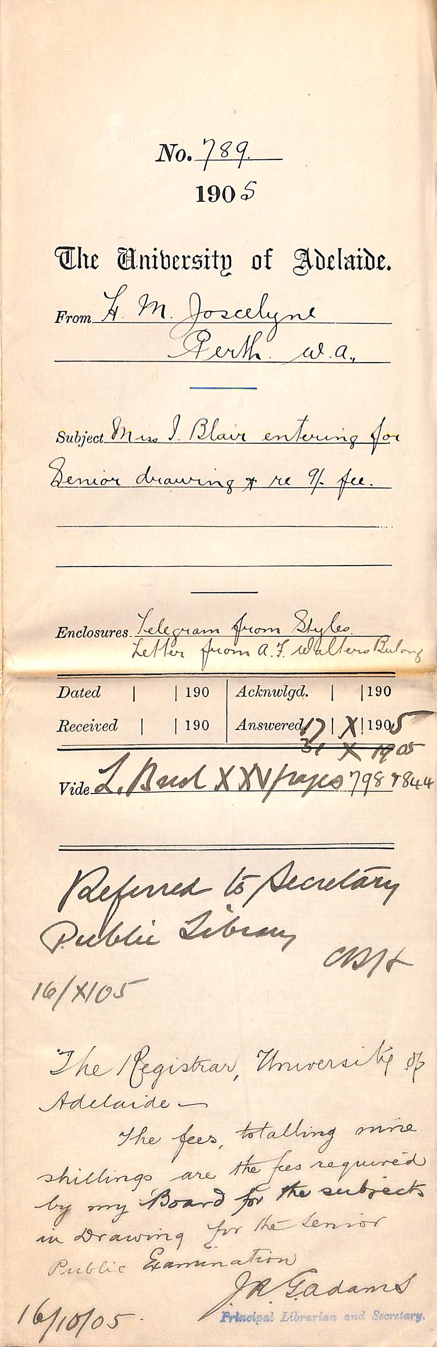 Miss I Blair entering for Senior Drawing and re 9 shillings fee