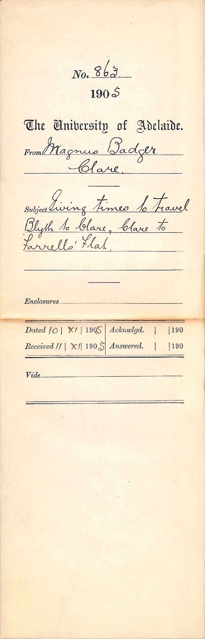 Travel times to Blyth to Clare to Farrells' Flat