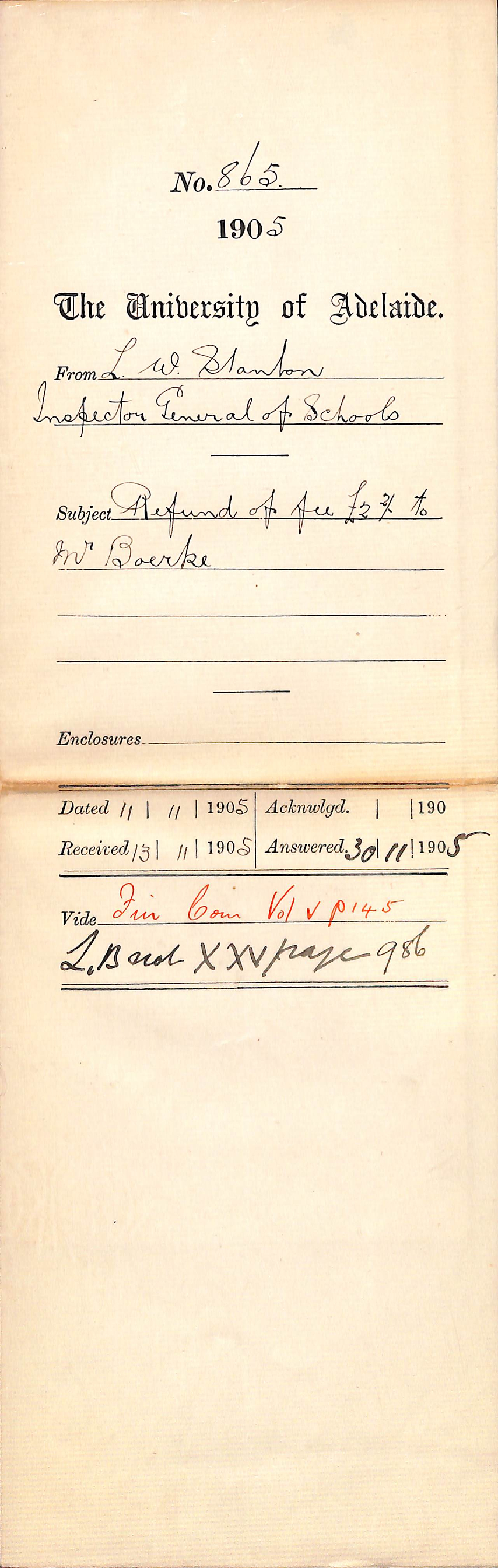 Refund of fee to Mr Boerke