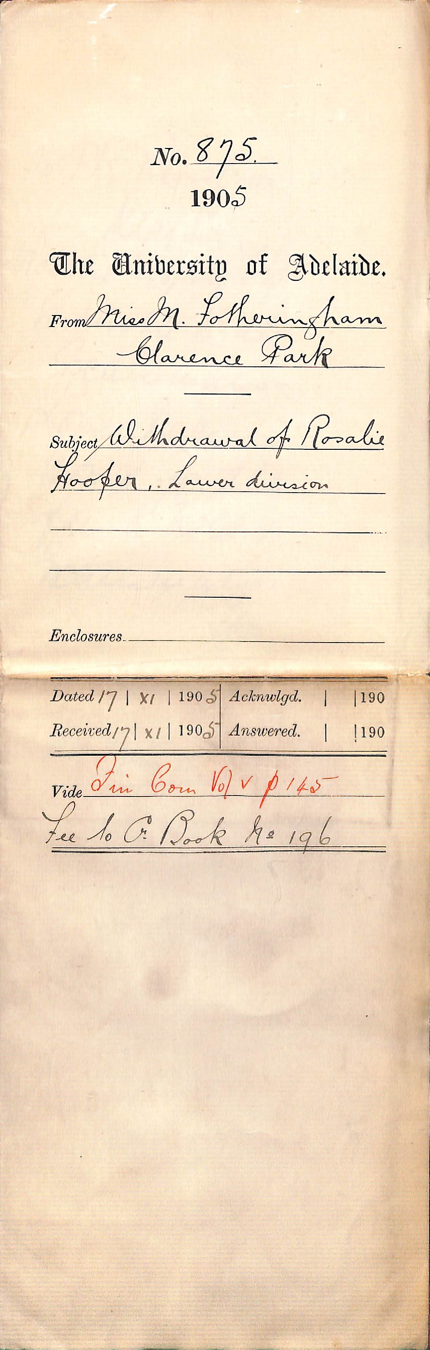 Withdrawal of Rosalie Hooper, lower division - Full Docket