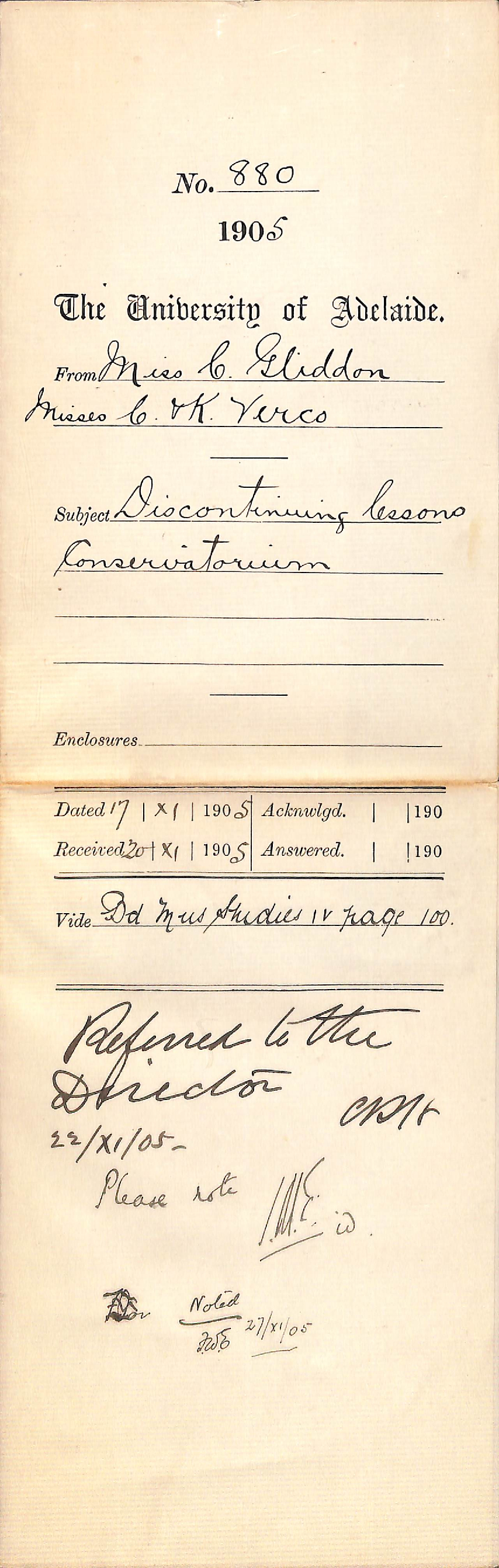 Discontinuing lessons at Conservatorium - Full Docket