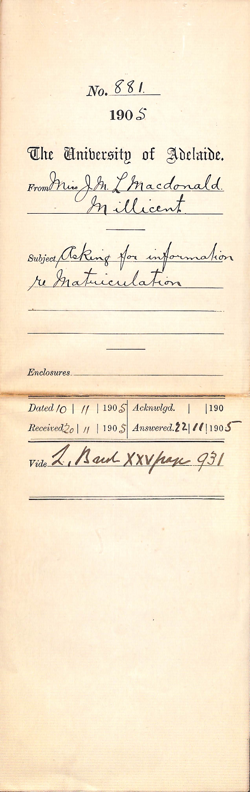 Asking for information re matriculation