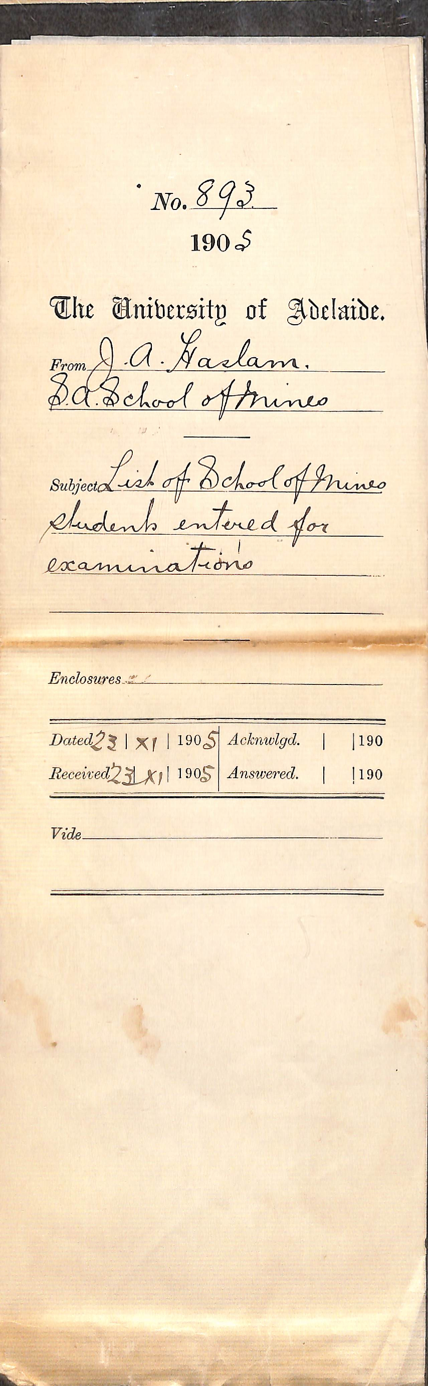 List of School of Mines students entered for examinations