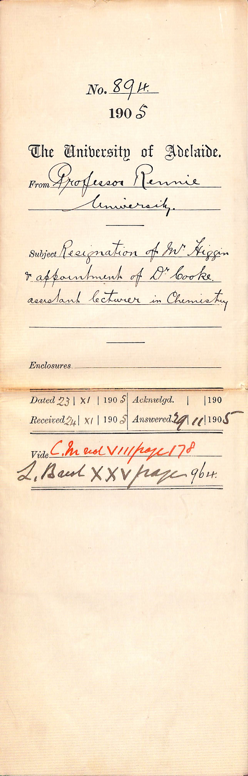 Resignation of Mr Higgins and appointment of Dr Cooke to assistant lecturer in Chemistry