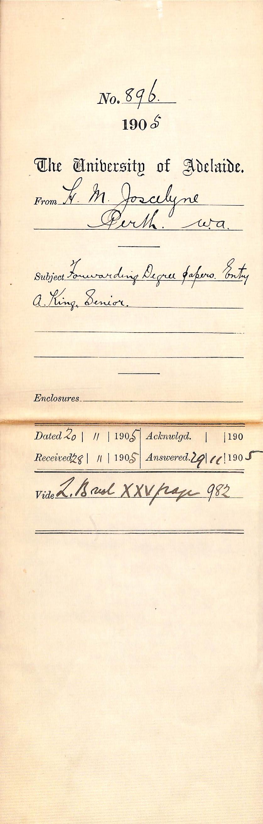 Forwarding Degree papers - Entry A King Senior