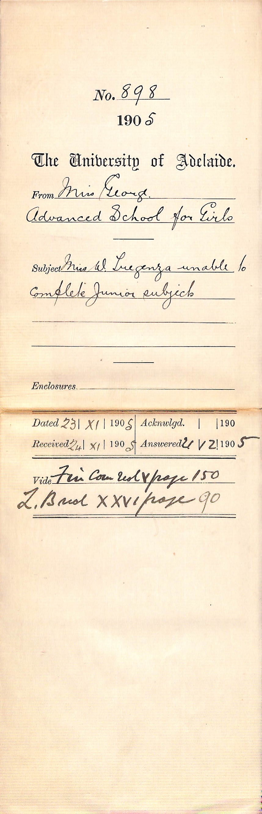 Miss W Tregenza unable to complete junior subjects