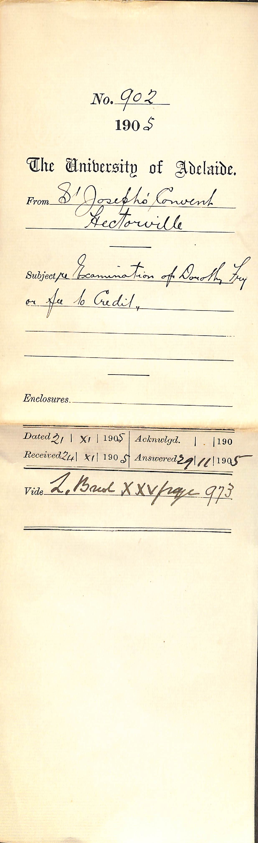 Examination of Dorothy Fry or fee to credit