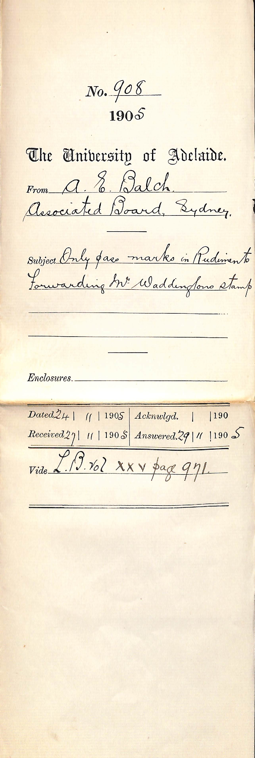 Only pass marks in rudiments - Forwarding Mr Waddington's stamp