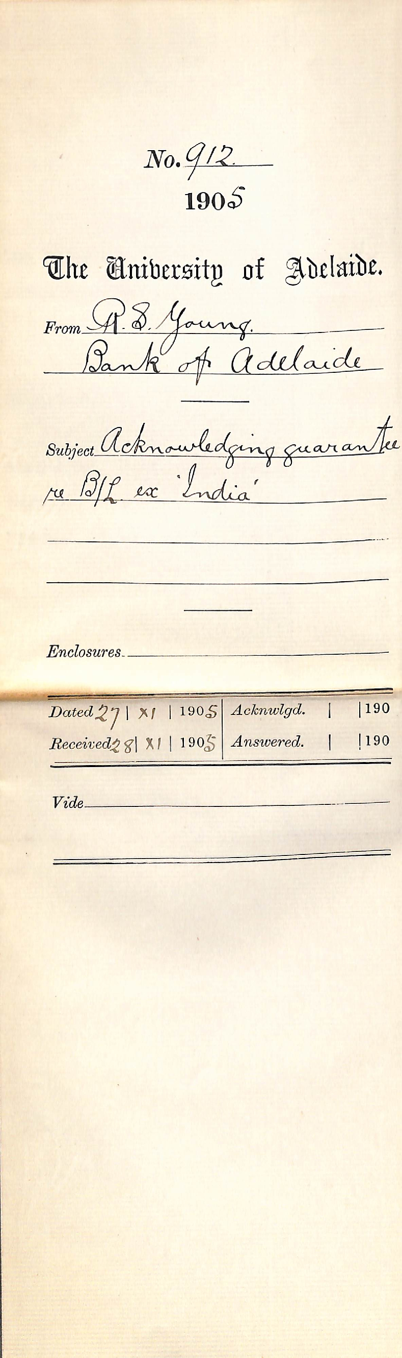 Acknowledging guarantee re B/L ex 'India'