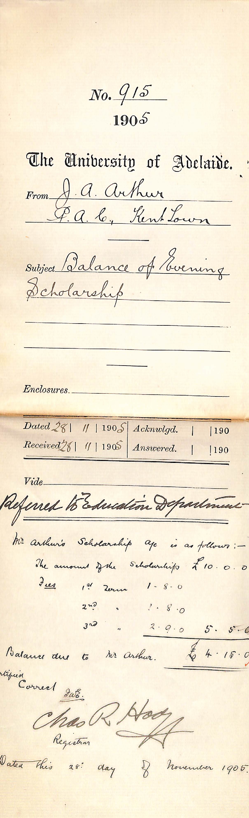 J A Arthur - Balance of evening scholarship