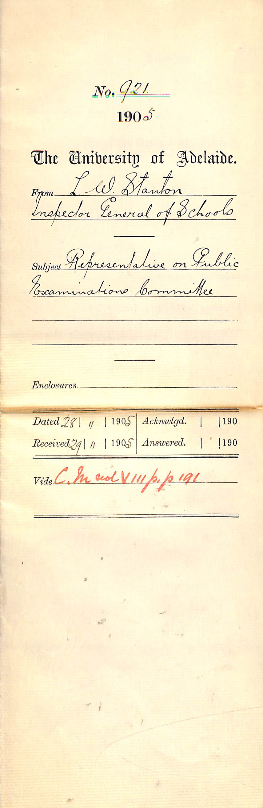 L W Stanton - Representative on Public Examinations Committee