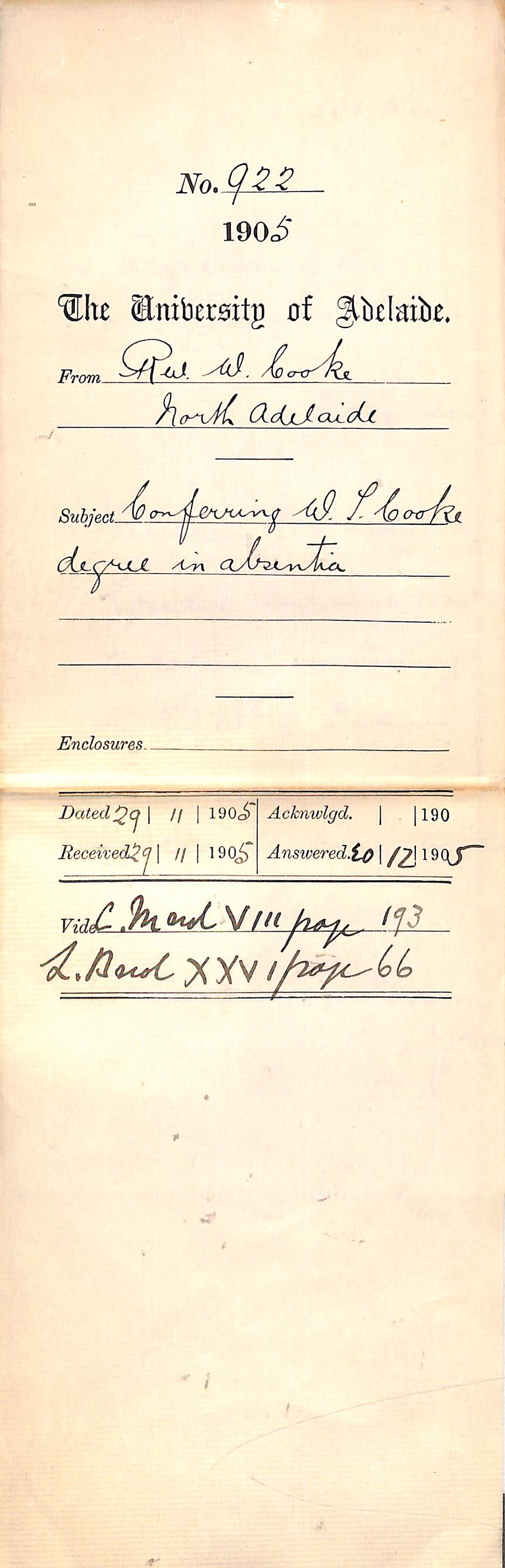 Conferring W L Cooke degree in absentia