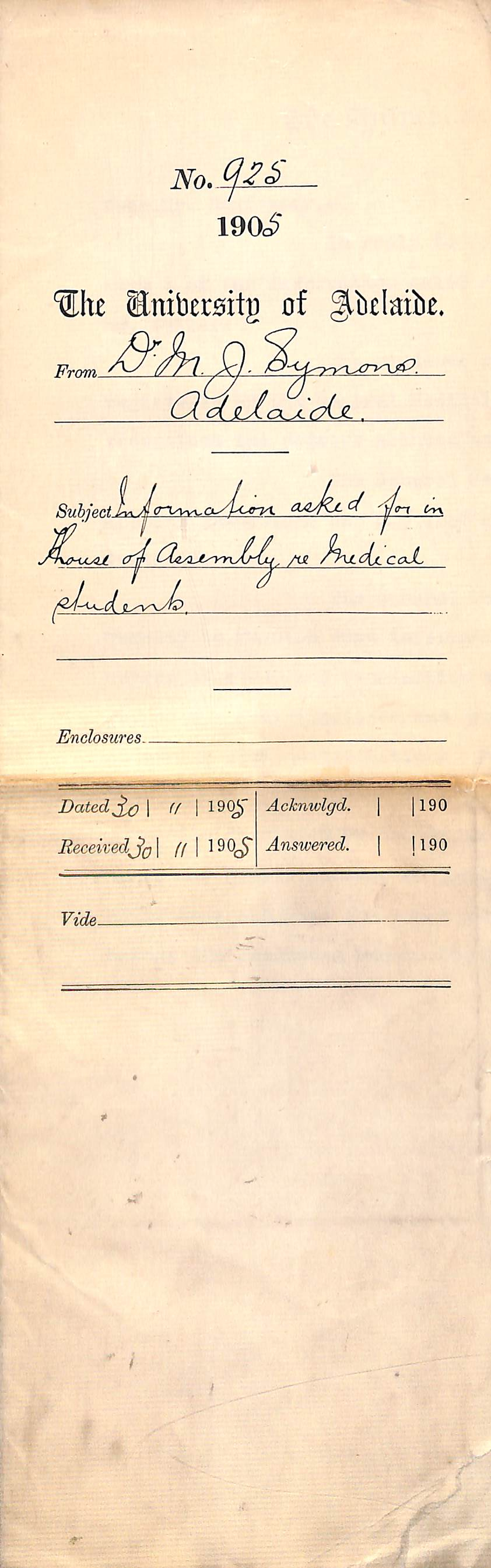 Information asked for in House of Assembly re Medical students