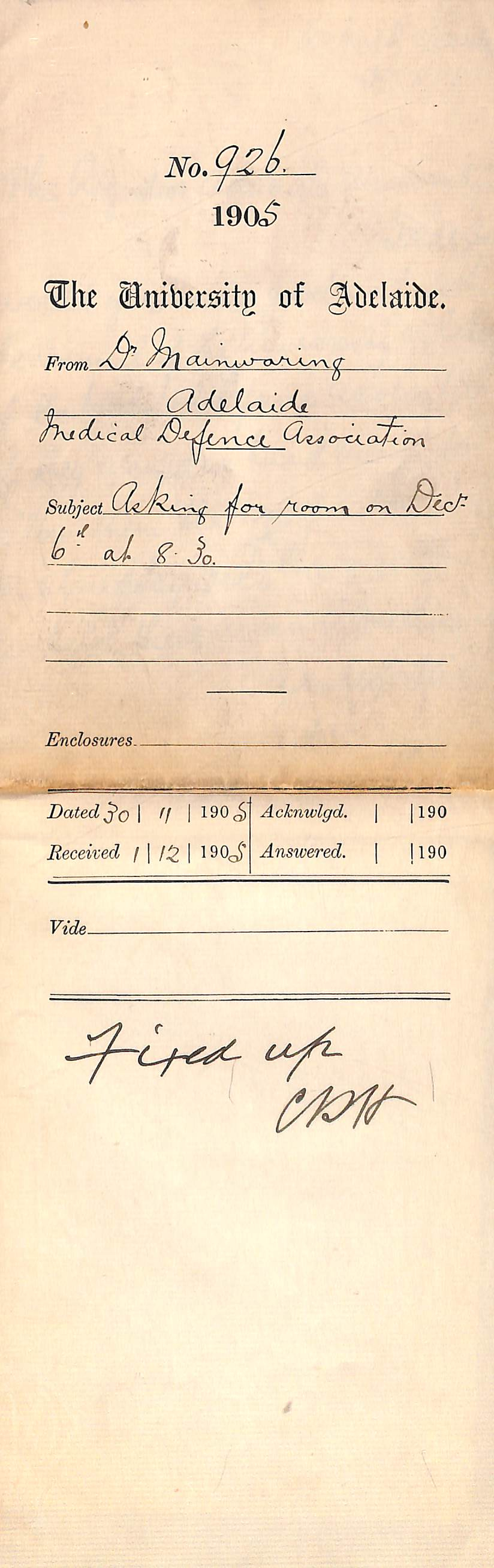 Medical Defence Association - Asking for room on December 6th at 8.30