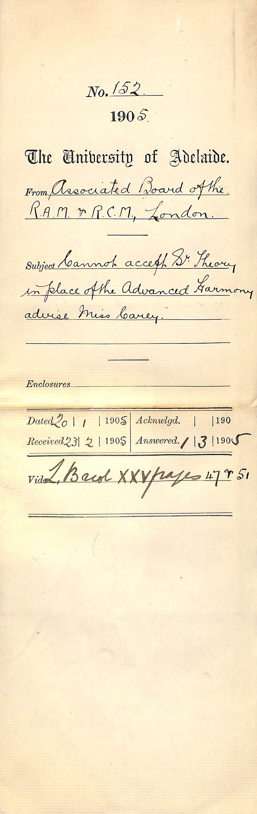 Cannot accept Senior Theory Examination in place of the Advanced Harmony