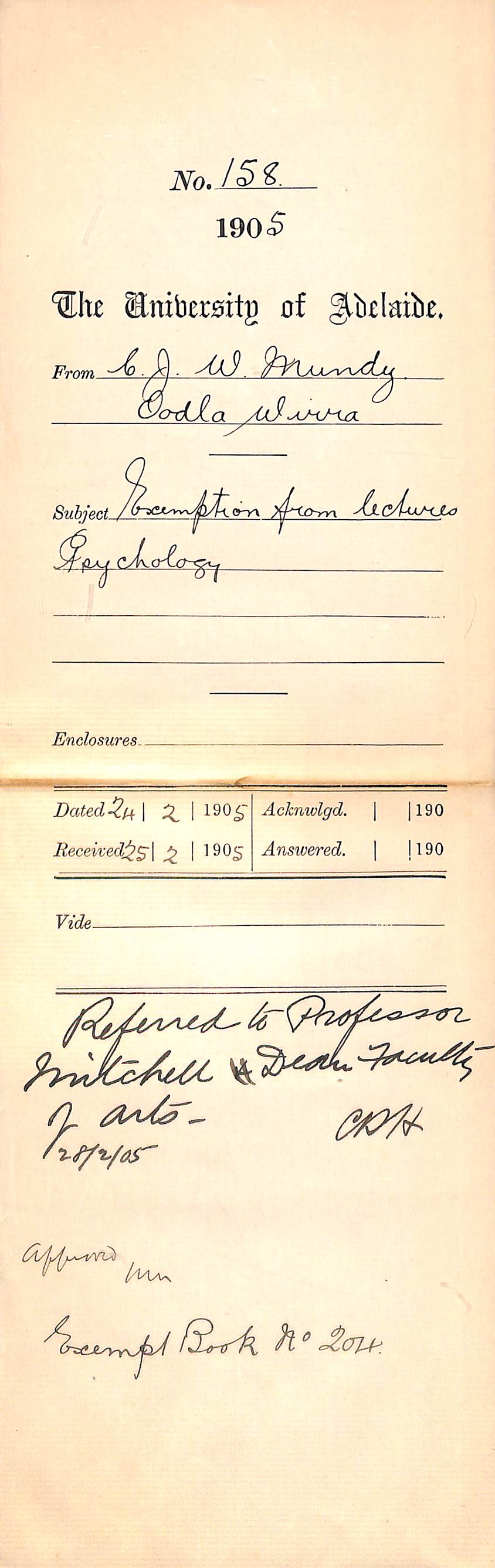 Exemption from lectures - Psychology - Mundy