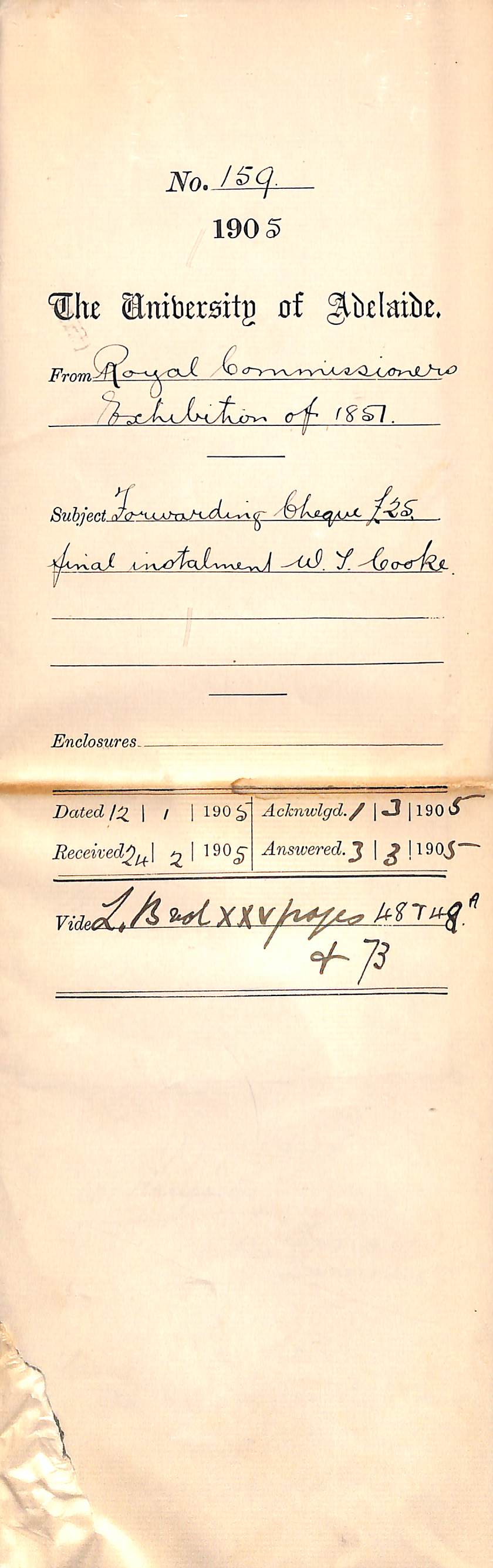 Forwarding &pound;25 cheque for final instalment of Scholarship William Ternent Cooke