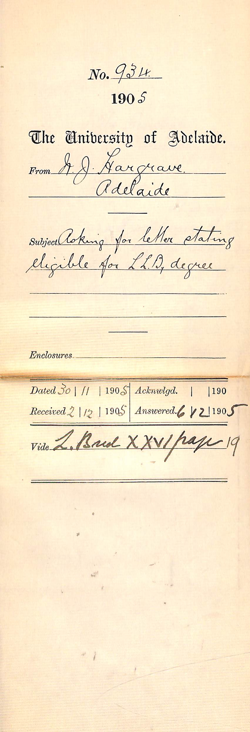 Asking for letter stating eligible for LLB degree