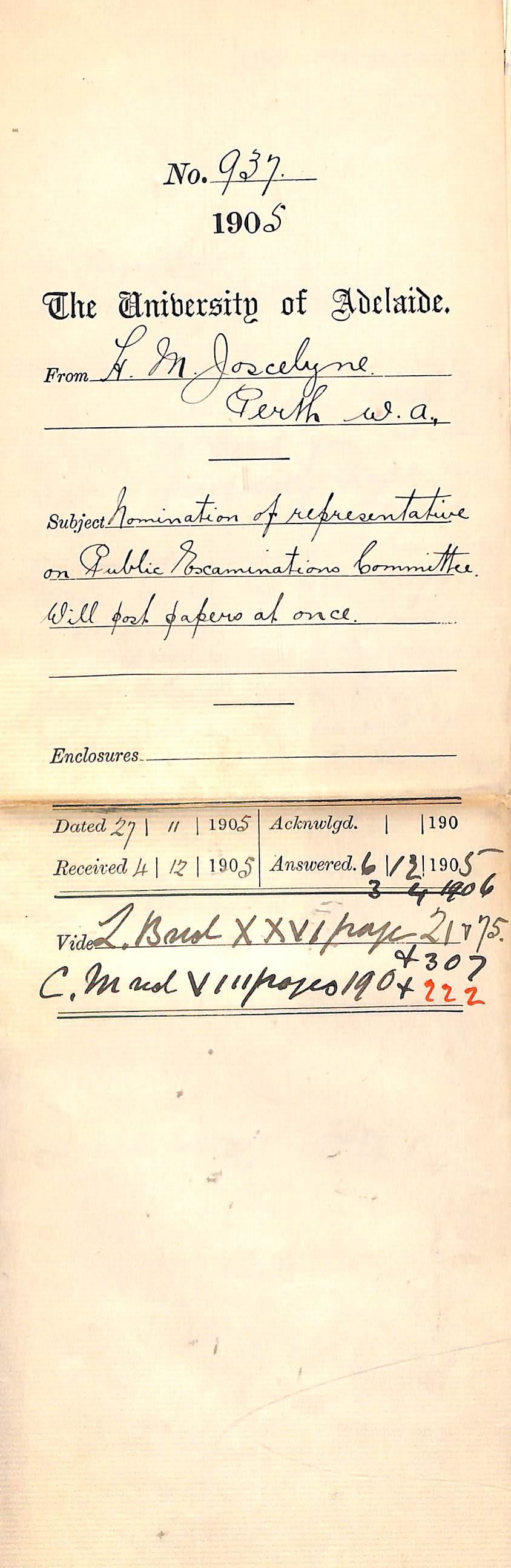 Nomination of representative on Public Examinations Committee Will post papers at once - Full Docket