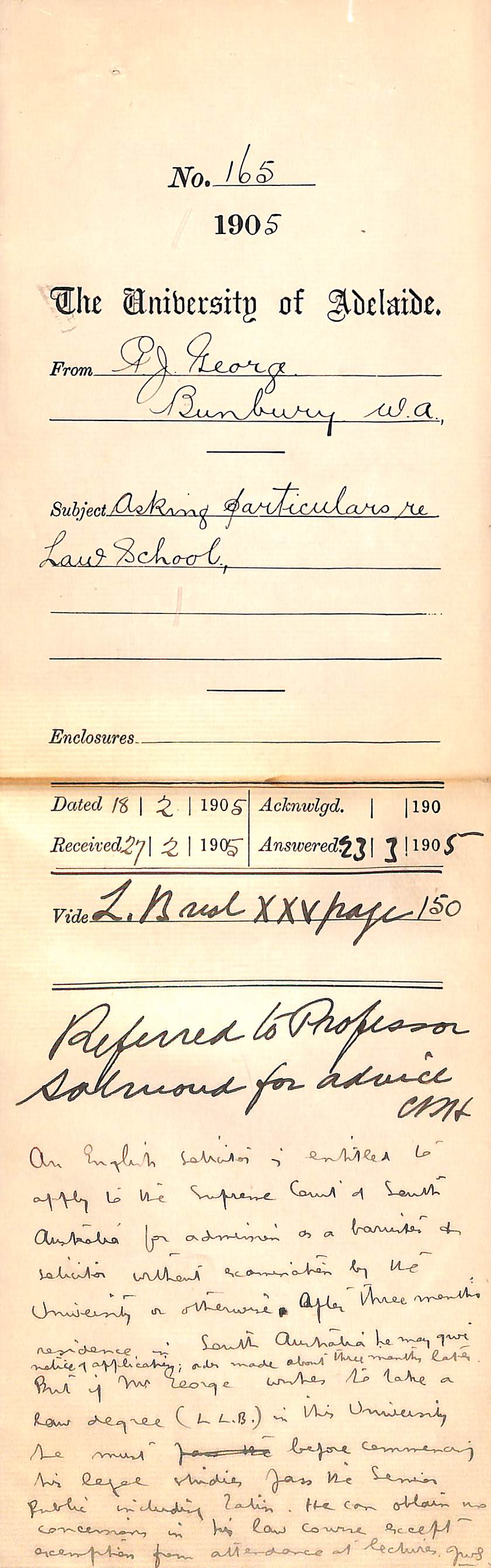 Asking particulars re Law School