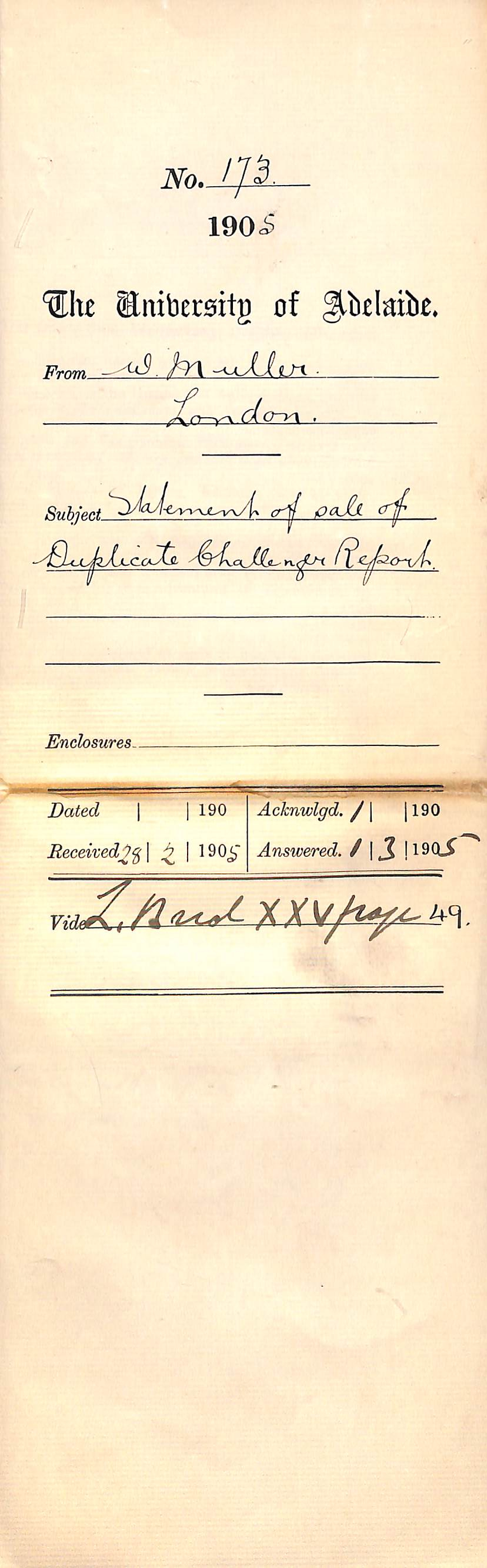 Statement of sale of Duplicate Challenger Report