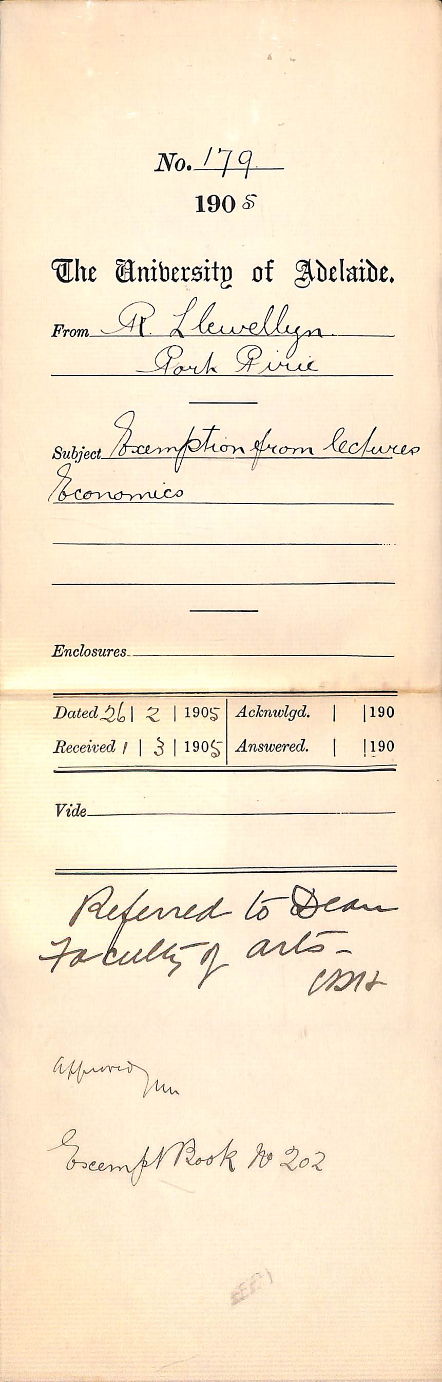 Exemption from lectures - Llewellyn