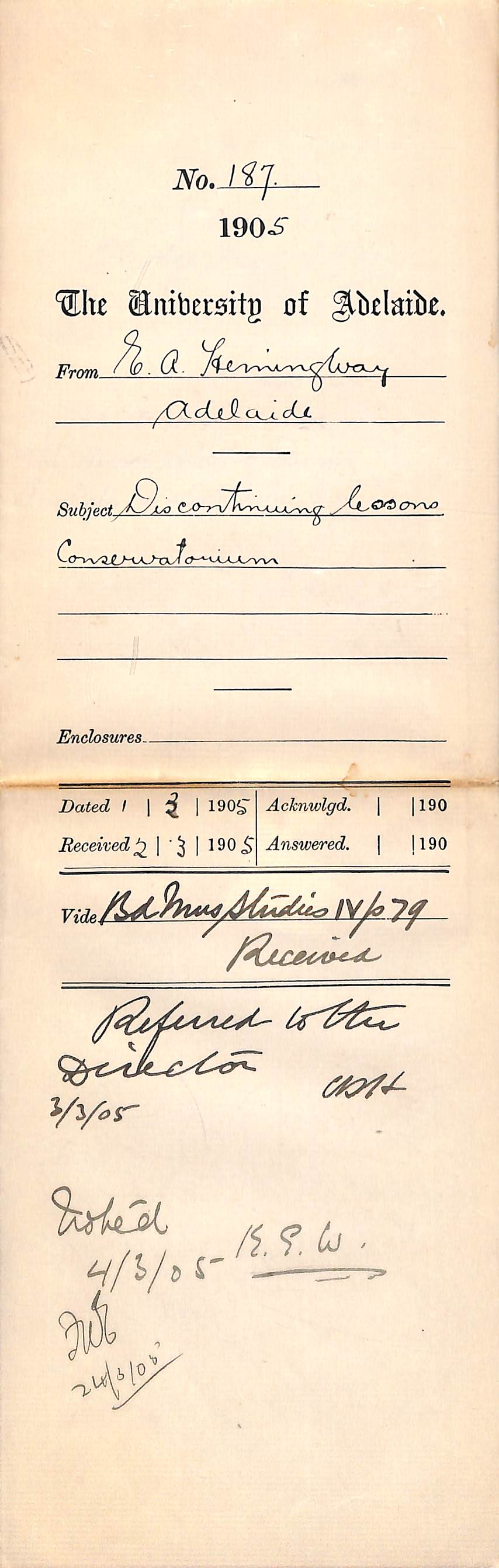 Discontinuing lessons at the Conservatorium - Hemingway