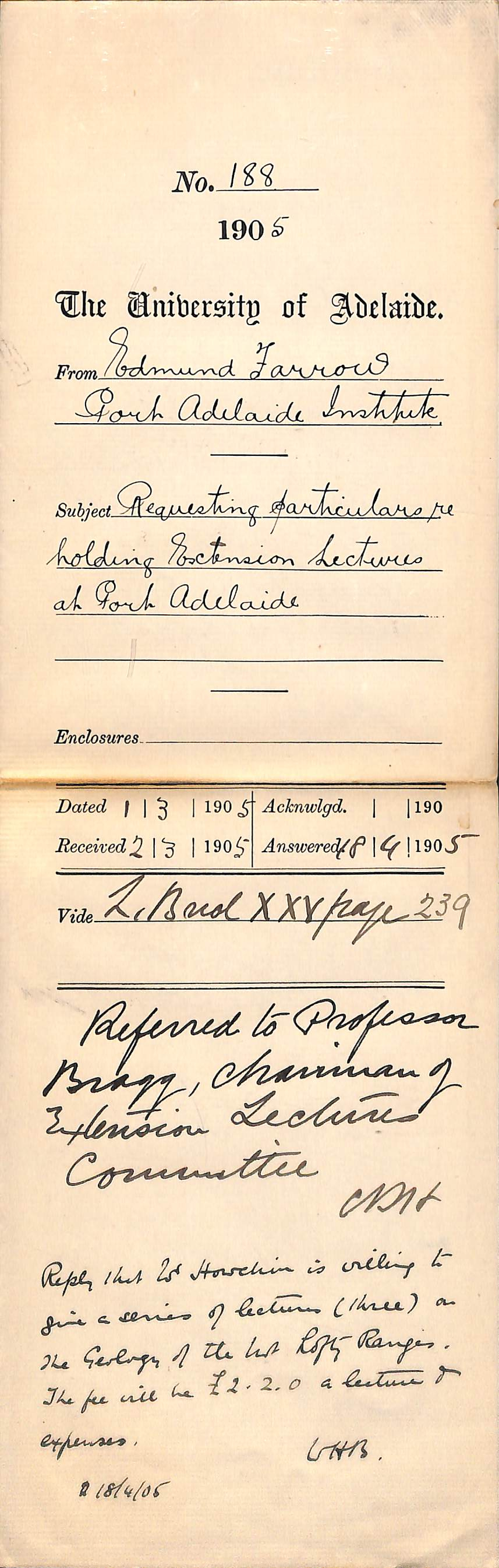 Requesting particulars re holding Extension Lectures at Port Adelaide