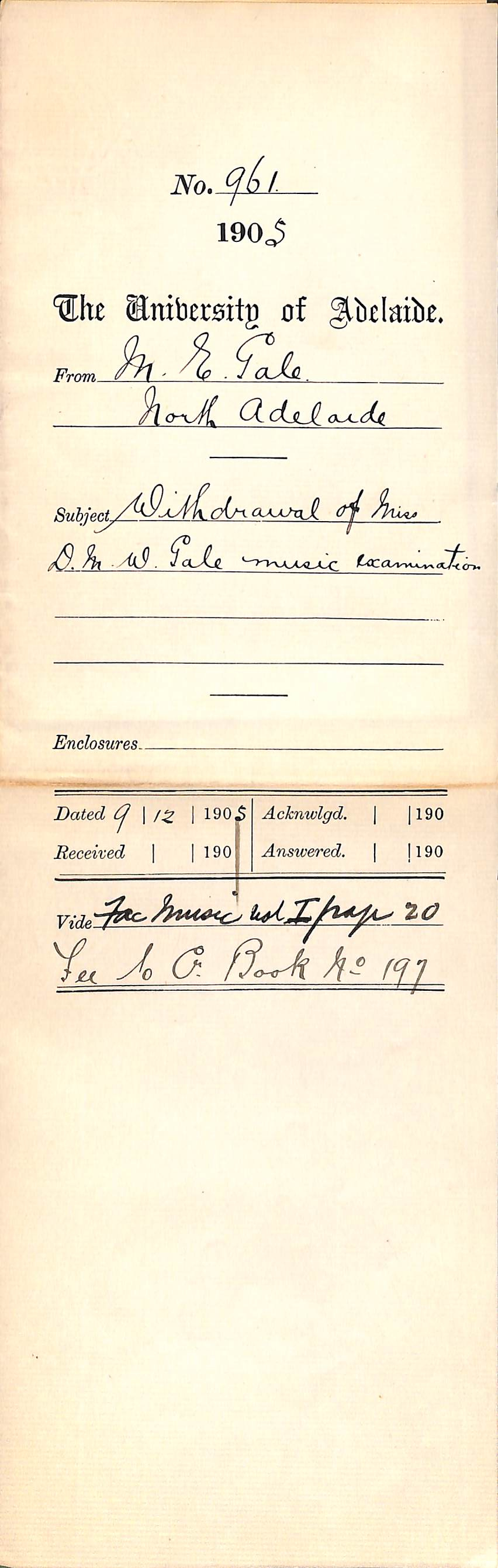 Withdrawal of Miss Daphne M W Gale from music examination