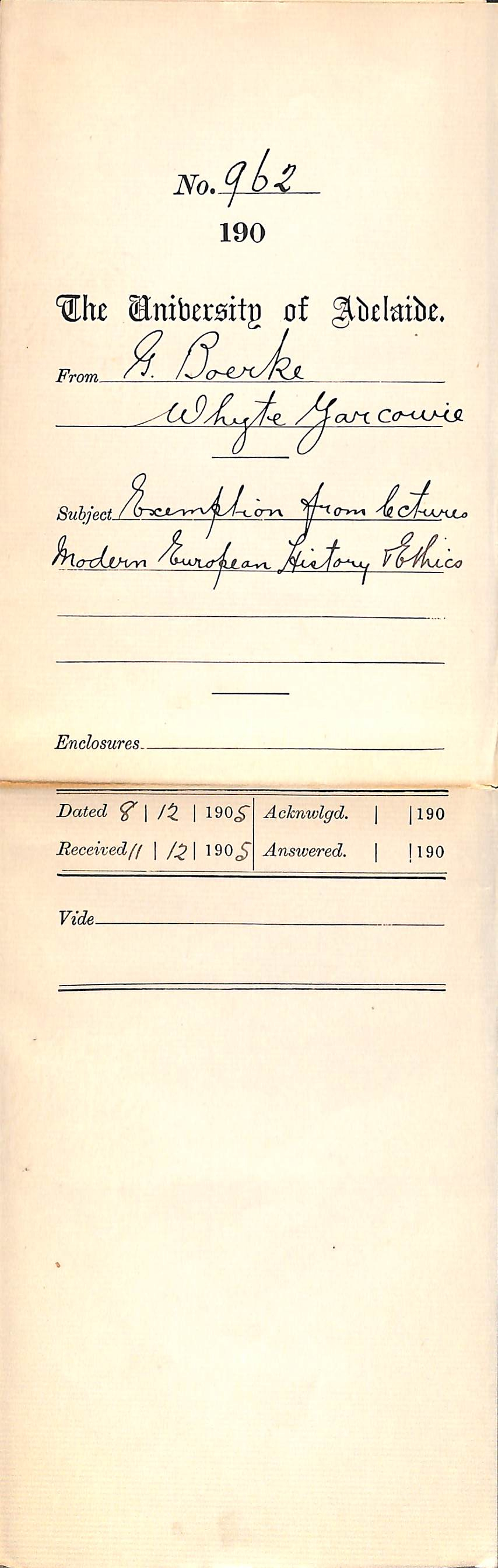 Exemption from lectures on Modern European History and Ethics