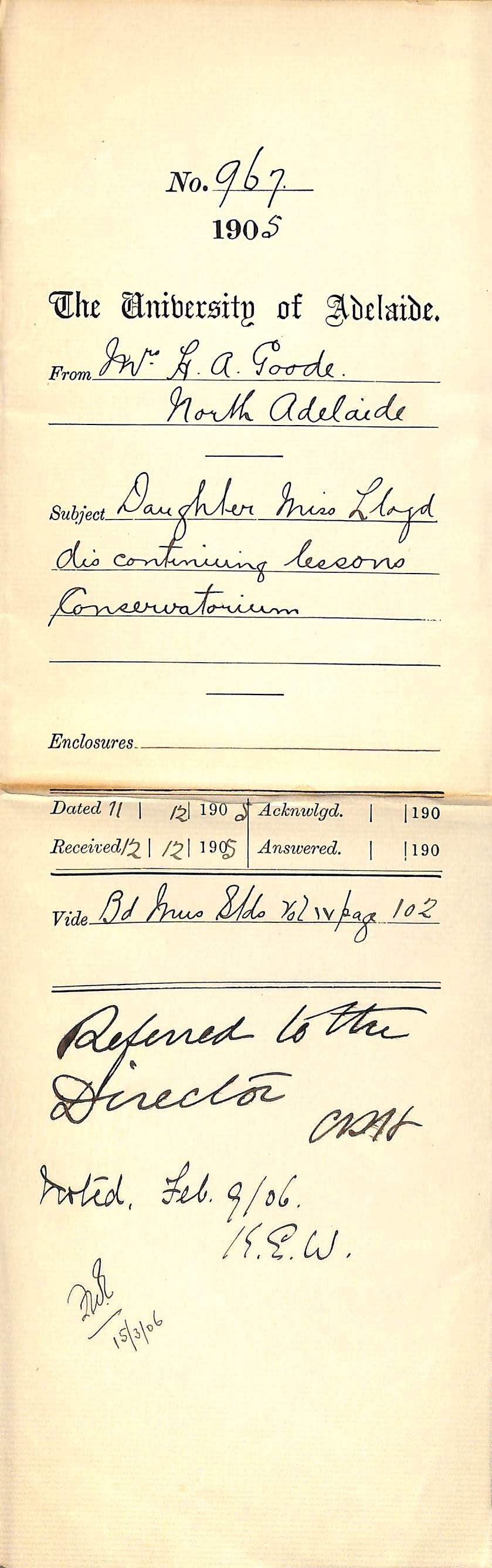 Miss Lloyd discontinuing lessons at Conservatorium