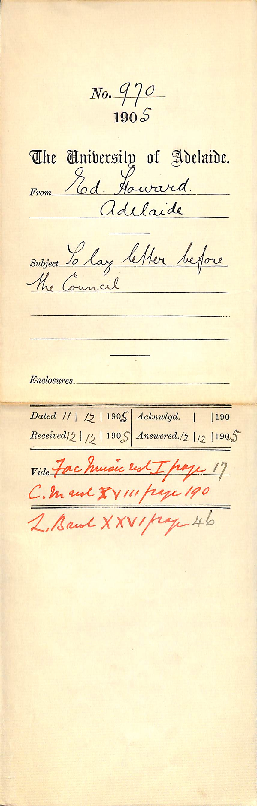 To lay letter before the Council