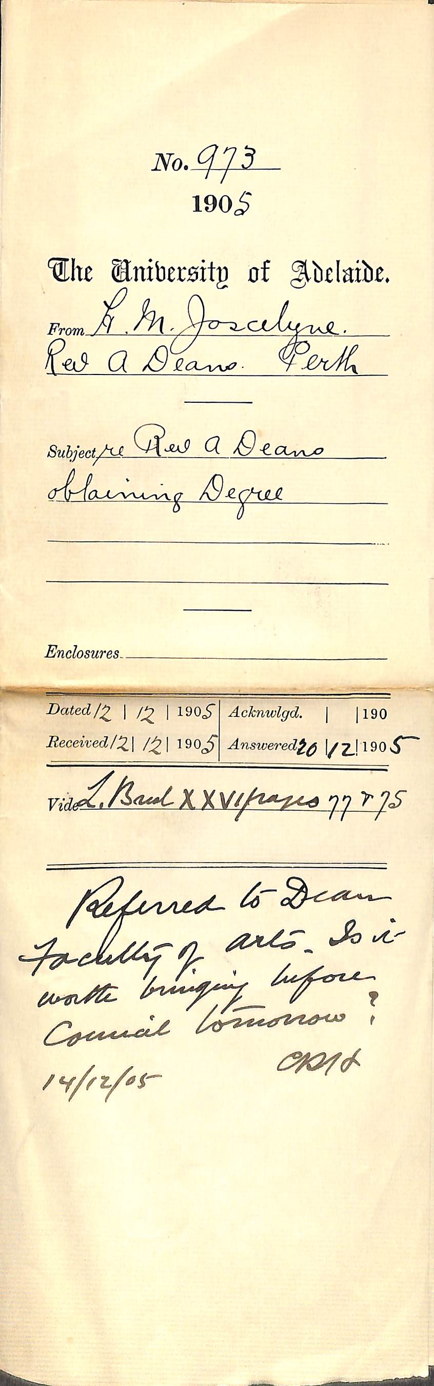 Reverend A Deans obtaining degree - Full Docket