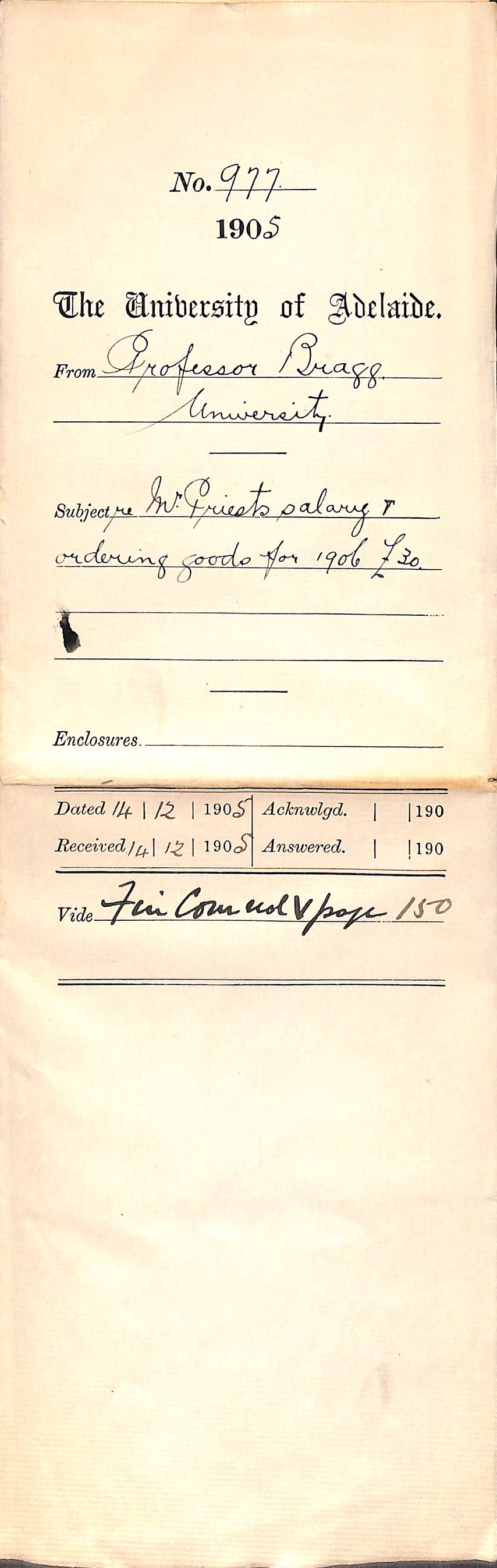Re Mr Priest's salary and ordering goods for 1906