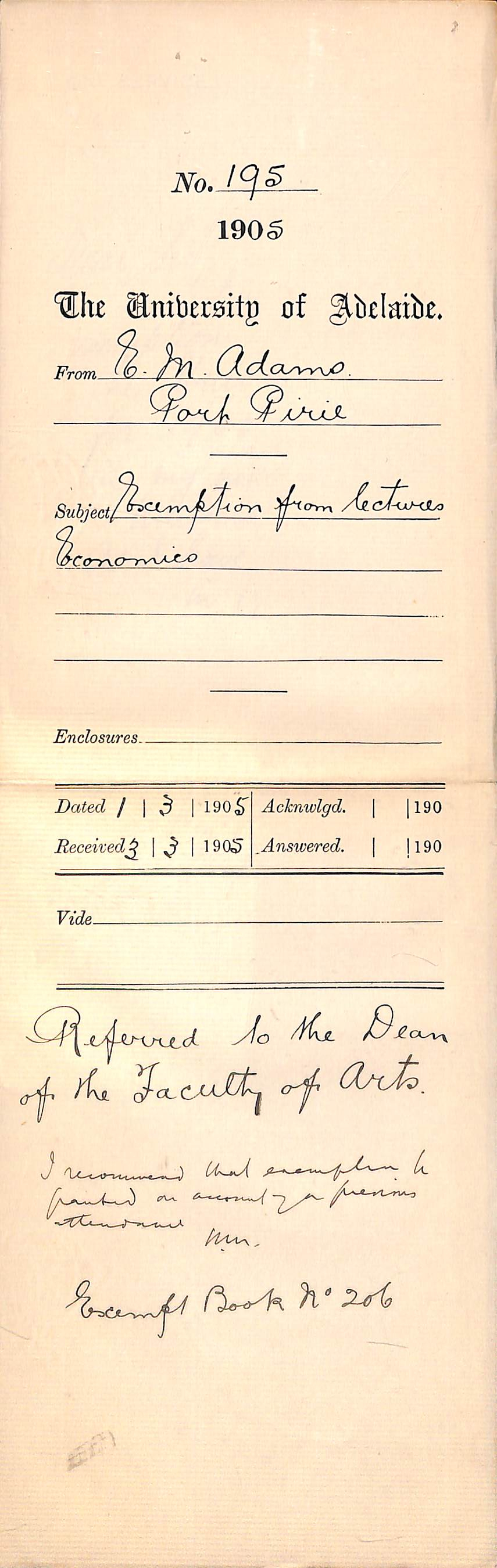 Exemption from lectures - Adams